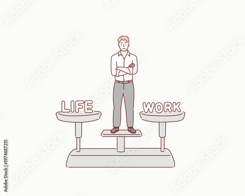 Successful Businessman Balancing Work and Life on Scales with Satisfaction Original vector illustration drawn by hand.