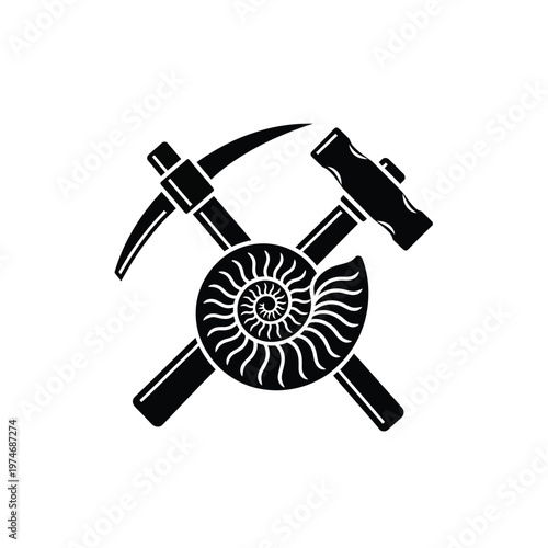 Black and white with crossed pickaxe hammer and ammonite fossil