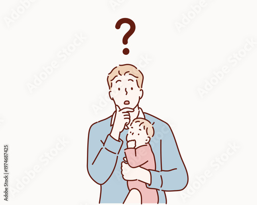 Young Father Holding His Baby and Thinking with a Curious Expression Original vector illustration drawn by hand.
