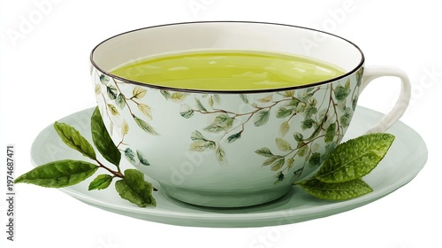 A detailed vector illustration of a delicate teacup filled with vibrant green tea, adorned with floral patterns and resting on a matching saucer with fresh leaves.