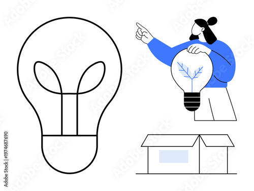 Innovation, sustainability, creative thinking, strategy, problem solving, brainstorming. A person holding a light bulb, a box a leaf motif. Innovation and sustainability concept