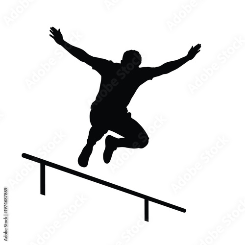 Black silhouette of person jumping over railing
