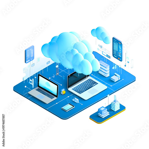 Bild auf Leinwand 3D isometric cloud computing workspace with digital devices and data flow
