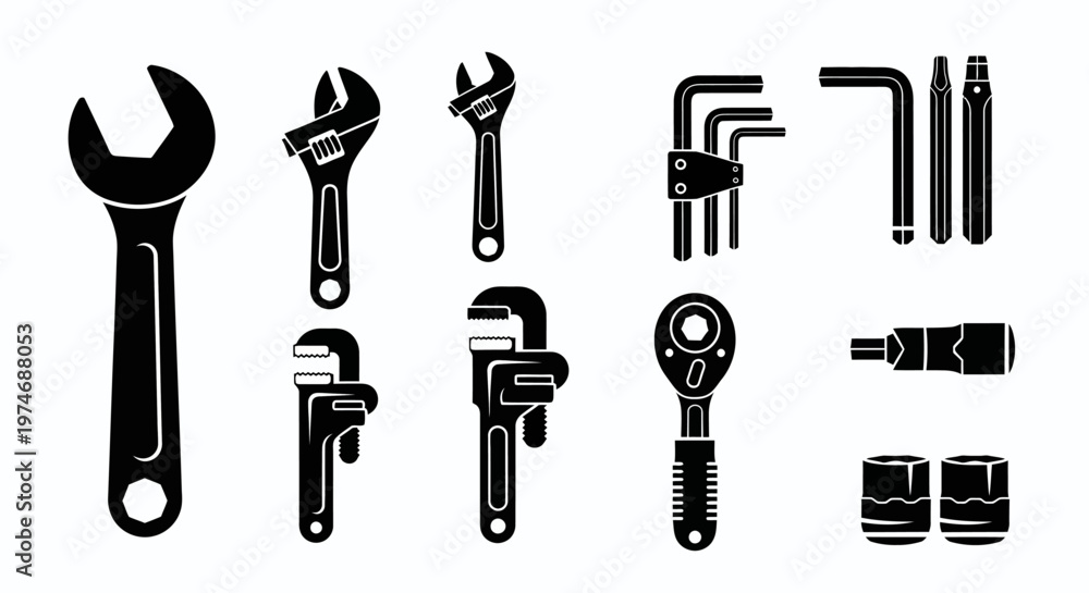 Fototapeta premium Comprehensive collection of essential hand tools featuring a variety of wrenches, hex keys, ratchets, and sockets for diverse repair and maintenance tasks