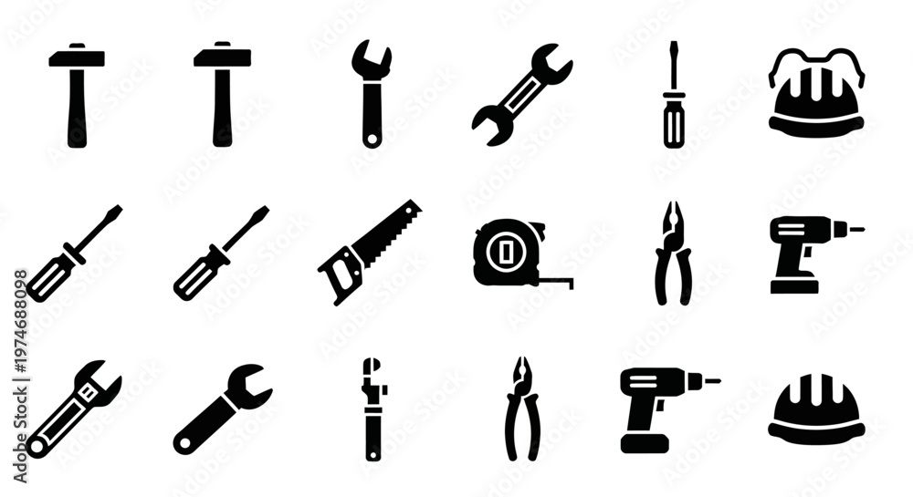 Obraz premium Comprehensive toolkit of essential hand tools and protective gear, presented as sleek black silhouette icons for construction, repair, and DIY projects