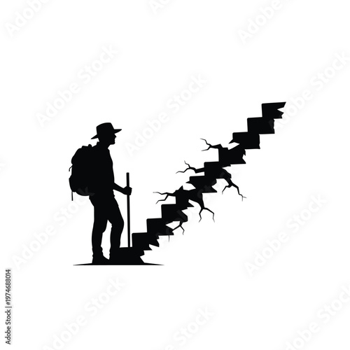 Silhouette of a man with backpack and walking stick near broken staircase