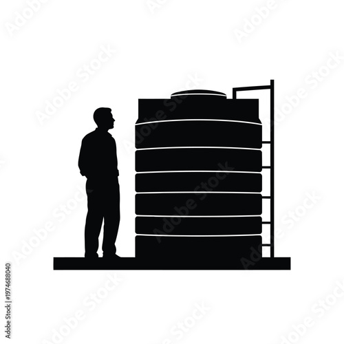 Silhouette of a person standing next to a large black water tank with ladder