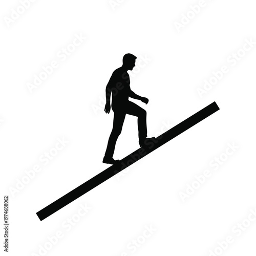 Silhouette of person walking uphill on inclined black ramp