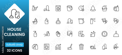  Home Cleaning Clean up the house. Washing floors, windows, dishes clothese,s and line. Sweeping the floor and wiping dust. Outline icon collection. Pictogram