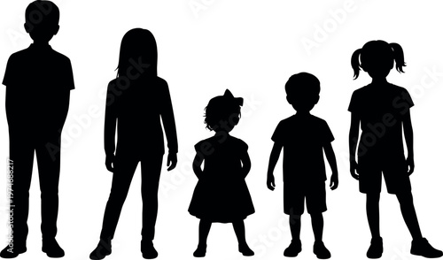 Kids silhouettes set showing boys and girls standing in different poses representing childhood, diversity, growth, innocence, and everyday life concept