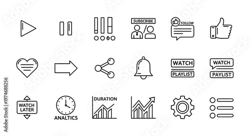 Collection of line art icons representing video playback controls, social media engagement, and analytics tools for digital content creation and platform management