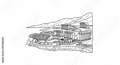 Ancient ruins with amphitheater and temples on a hill overlooking water