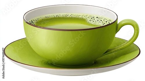 A vibrant green cup of matcha tea with frothy foam sits on a matching saucer, showcasing a rich, earthy beverage.