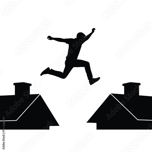 Silhouette of a person jumping across rooftops of black houses