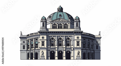 Detailed illustration of a grand domed classical building with arched entrances