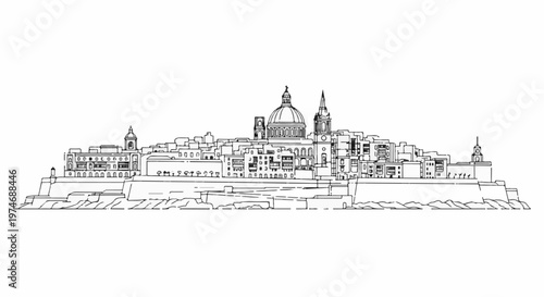 Detailed ink sketch of a fortified cityscape with domed cathedral and towers