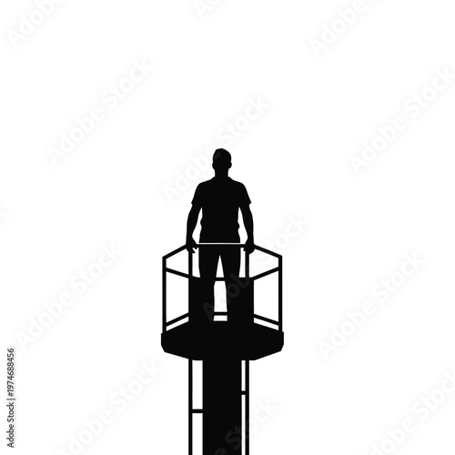 Silhouette of a person standing on elevated platform against white background