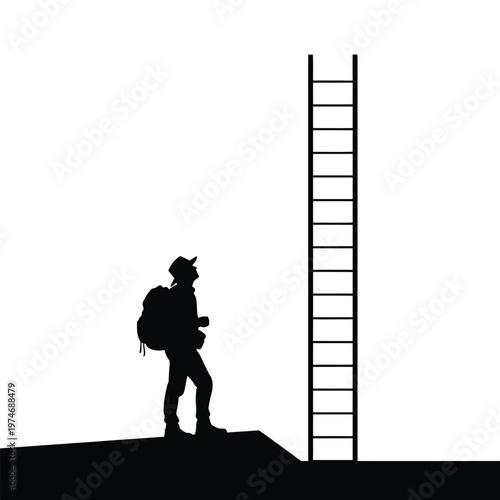 Silhouette of a firefighter standing next to a tall ladder on a rooftop