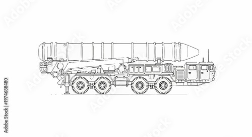 Detailed line drawing of a large military missile transport truck with multiple wheels and a long missile casing