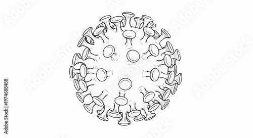 Detailed line drawing of a spherical virus with spike-like protrusions