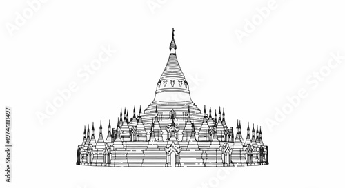Detailed line drawing of a large, multi-tiered stupa structure