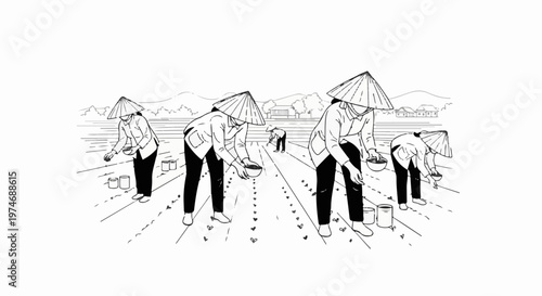 Farmers in conical hats plant seeds in rows under a hilly landscape