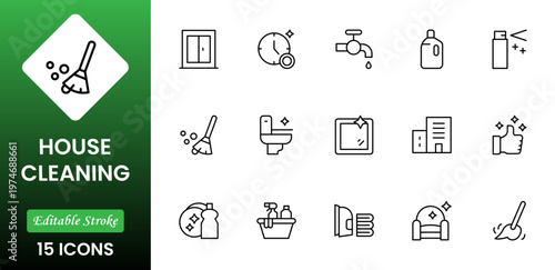  Home Cleaning Clean up the house. Washing floors, windows, dishes clothese,s and line. Sweeping the floor and wiping dust. Outline icon collection. Pictogram