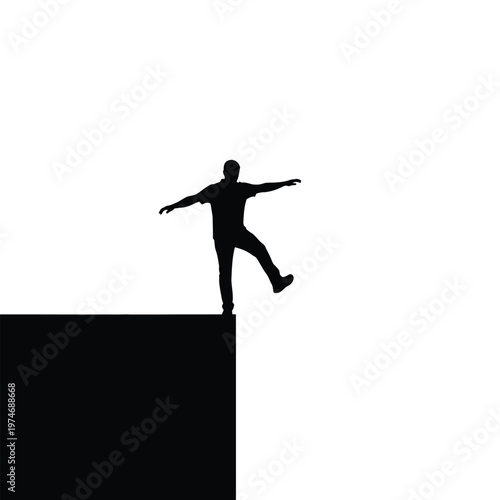 Silhouette of a person balancing on the edge of a black cliff