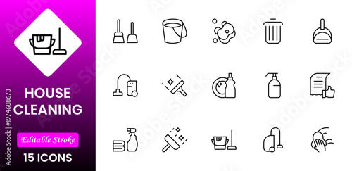  Home Cleaning Clean up the house. Washing floors, windows, dishes clothese,s and line. Sweeping the floor and wiping dust. Outline icon collection. Pictogram