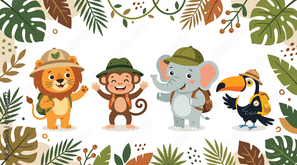 Naklejka premium Cute Safari Animals Adventure: Lion, Monkey, Elephant, Toucan in Jungle Frame