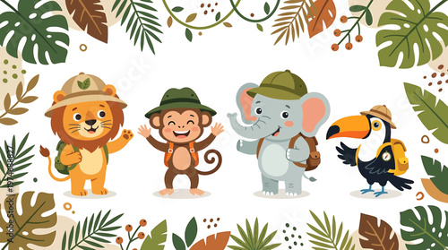 Cute Safari Animals Adventure: Lion, Monkey, Elephant, Toucan in Jungle Frame