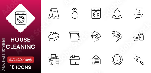  Home Cleaning Clean up the house. Washing floors, windows, dishes clothese,s and line. Sweeping the floor and wiping dust. Outline icon collection. Pictogram