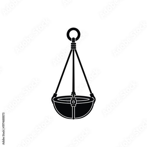 Black and white silhouette of hanging flowerpot with ring and straps