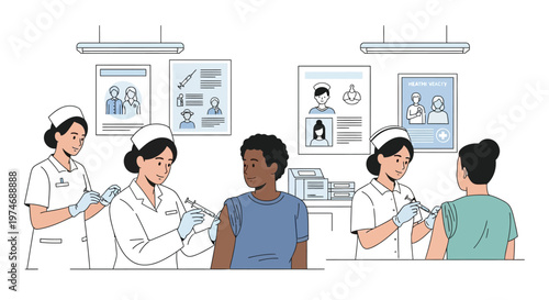 Nurses administering vaccinations to diverse patients in a clinic setting.