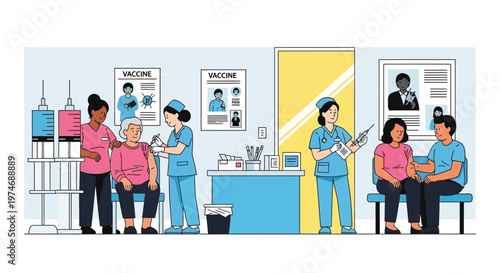 Nurses administering vaccinations to diverse patients in a clinic setting.