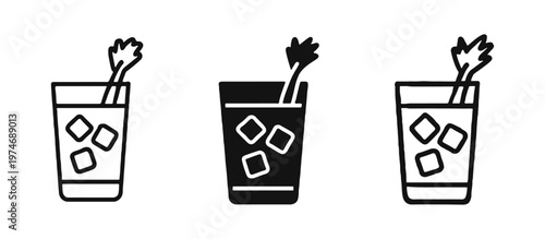 Bloody Mary Cocktail Icons: Glass with Ice and Celery in Outline, Solid, and Hand-Drawn Styles