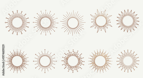 Set of Ten Sunburst Ornaments Decorative Elements.