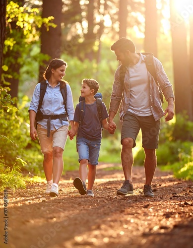 A smiling family hikes a sunlit trail in a forest, holding hands, with backpacks, and enjoying the outdoors together