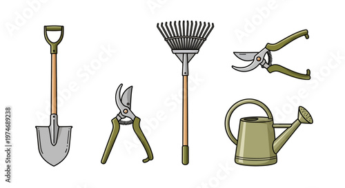 Set of essential gardening tools illustration on white background