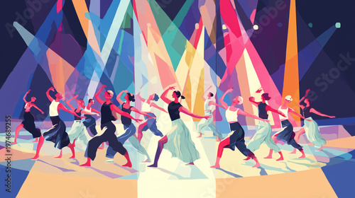 Expressive choreography illustration featuring fluid motion and a confident theatrical presence. Layered lighting effects and dynamic silhouette create a memorable performing arts image.