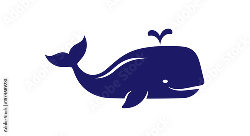 Simple blue whale spouting water icon on white background