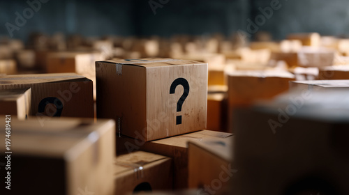 Mystery cardboard parcels in storage, boxes with question marks, unknown shipment concept, logistics background, surprise delivery and hidden contents mystery boxes, shipping carto