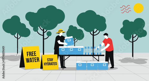 People distributing free water bottles to stay hydrated.