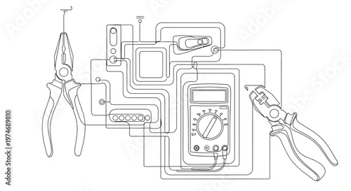 Technical line art of electrical circuit with tools and multimeter