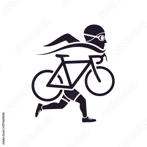 Triathlete running with bicycle in triathlon sport icon