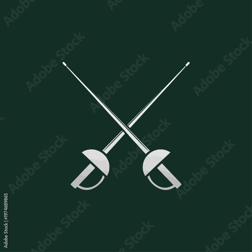 Two crossed fencing swords on dark green background