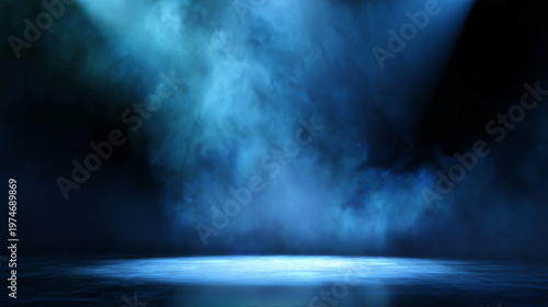 Blue glowing smoke stage background, dark abstract mist with spotlight, futuristic empty scene, cinematic vapor texture, neon atmospheric backdrop for presentation blue smoke backg