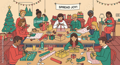 People wrapping Christmas gifts together with joy.