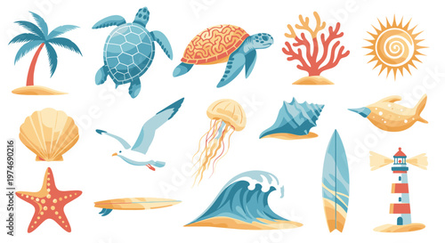 Watercolor Collection of Tropical Beach and Ocean Elements.