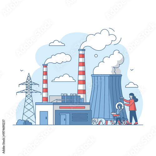 Industrial Power Plant with Cooling Tower and Smokestacks.